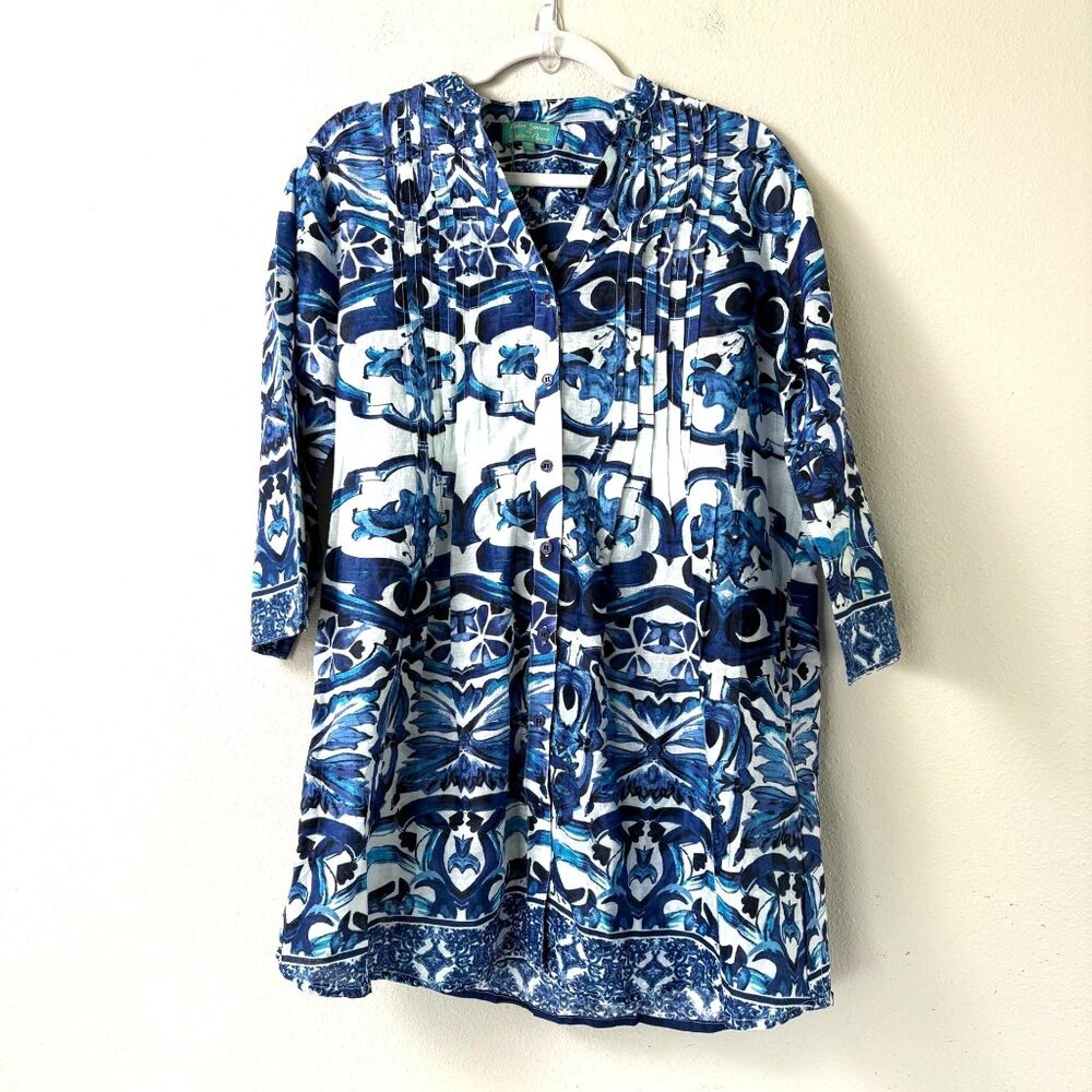 Antica Sartoria Button Front Tunic Top Dress Swim Cover Up OS Blue White Pockets
